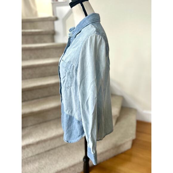 Faherty Blue Chambray Pin Stripe Patchwork Denim Long Sleeve Button Down - Picture 3 of 6